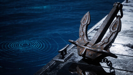Old Metal Ship Anchor on a Pier with Glowing Blue Water Ripples Background &ndash; Concept for Maritime Stability, Naval History, and Digital Marine Logistics