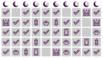 Ramadan calendar checklist with Islamic symbols and dates, Ramadan daily tracker with moon phases and mosque icons