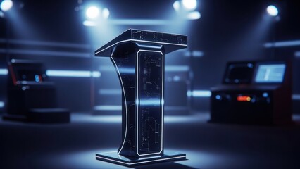 Sci-fi futuristic podium surrounded by technology, stage lighting shines