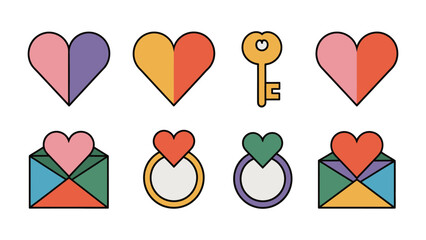 Love's Symbols: A captivating collection of hearts, keys, envelopes, and rings, each representing elements of love and romance, crafted in a simple, playful style.