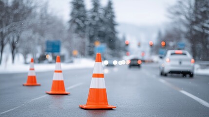 Orange traffic cones on a wet winter road, marking a temporary traffic restriction and warning drivers about danger, road closure, or changed driving conditions