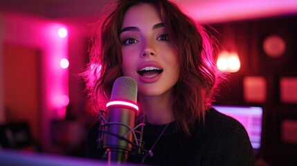 Young female content creator speaking into a microphone in a home studio, live streaming or recording a vlog, podcast, or entertainment content with neon lighting