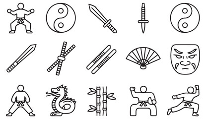 Kung fu fighters and yin yang culture icon collection