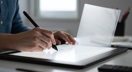 A digital artist uses a stylus on a graphics tablet for creative design work on a computer. Concept of digital art and graphic design.