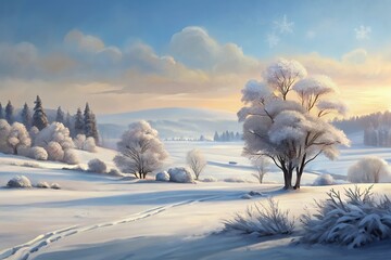 Serene winter landscape with snow covered trees and rolling hills under a blue sky