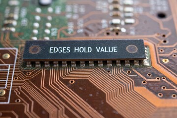 Macro view of oxidized circuit board with 'Edges Hold Value' chip