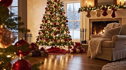 Closeup of Christmas tree ornaments with warm cozy fireplace in background during holiday season - Powered by Adobe