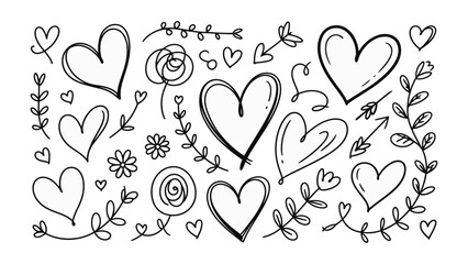 Obraz premium Hand-drawn Heart Collection: A charming assembly of hand-drawn hearts, leaves and floral elements, perfect for expressing love and affection.