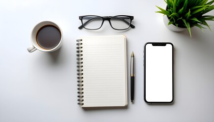 Perfectly aligned flat lay of notebook, pen, coffee cup, glasses, and smartphone on a clean desk. Minimalist workspace aesthetic with top-down symmetry, soft light, and ample copy space for branding.
