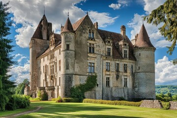 Majestic medieval castle set against a beautiful blue sky and lush green landscape