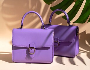 Luxury Purple Handbags on Beige Background with Leaf.