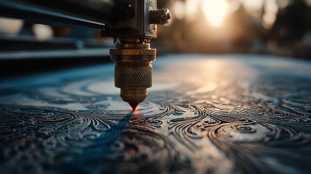 Intricate Laser Engraving Process Captured in Two Frames: A Close-Up of a Laser Cutter Crafting Detailed Patterns Against a Sunset Backdrop