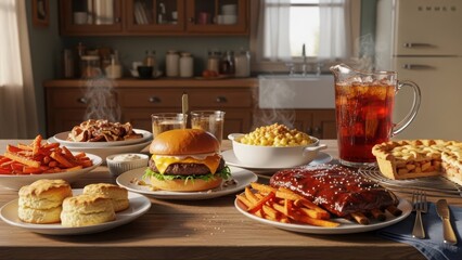 Delicious food spread on a wooden table in kitchen