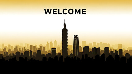 Modern cityscape with iconic skyscrapers at sunset