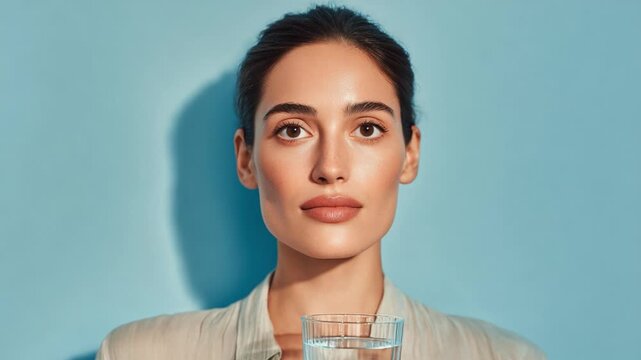 A Close-Up Portrait of a Woman Holding a Glass of Water, Exuding Calmness and Confidence Against a Serene Blue Background