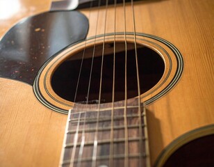 Obraz premium Close-up of acoustic guitar strings and ornate rosette around the sound hole, showcasing wood grain, craftsmanship, and vibrant design elements in a warm, natural finish.