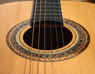 Obraz premium Close-up of acoustic guitar strings and ornate rosette around the sound hole, showcasing wood grain, craftsmanship, and vibrant design elements in a warm, natural finish.