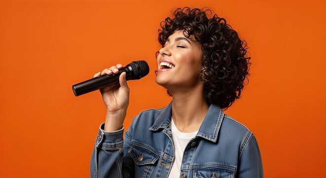Young woman with curly hair joyfully singing into a microphone against a vibrant orange background, capturing the essence of musical expression and performance