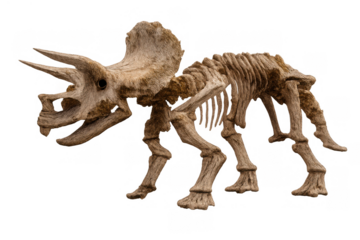 Triceratops dinosaur skeleton fossil display illustrating paleontology and prehistoric life with transparent background