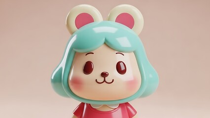 Cute 3D Character Illustration of a Girl with Teal Hair and Bear Ears, Toy Design and Avatar Concept