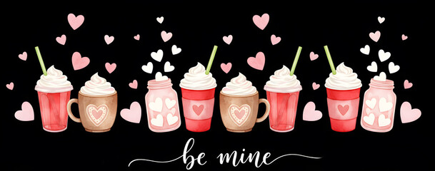 Elegant Valentine's Day Banner with Watercolor Coffee Cups and Hearts on Black Background