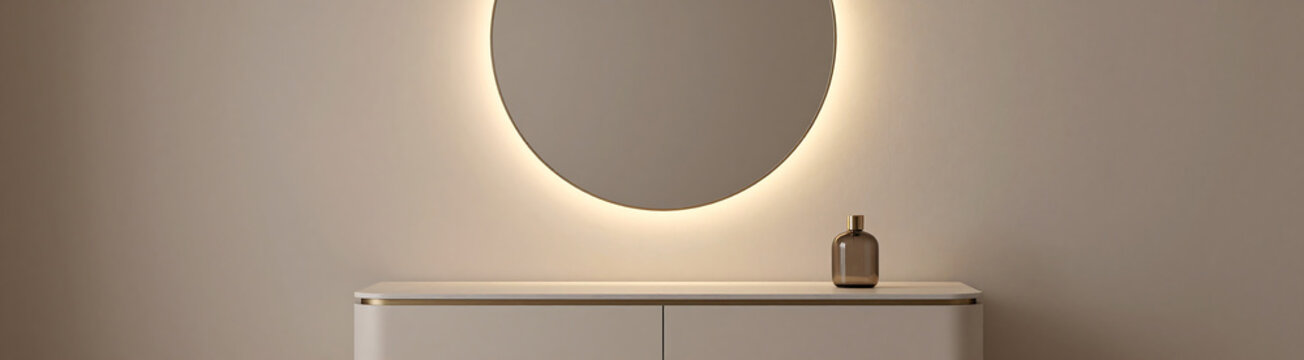 soft diffused warm glow spills across sleek modern living room featuring oval wall mirror minimalist console table set