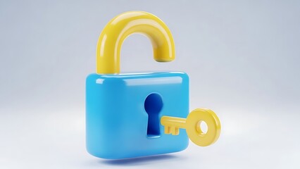 3D Blue Padlock and Yellow Key Icon, Data Security and Privacy Protection Access Concept