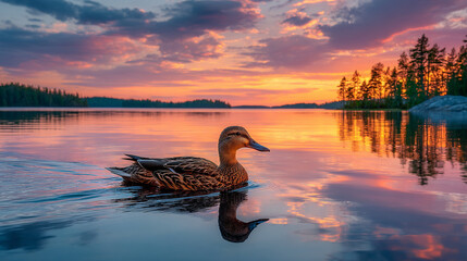 A lone duck swims peacefully on a tranquil lake during a vibrant sunset
