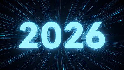 Futuristic Neon 2026 Numbers Display: Bright Digital Abstract Design for Blue Technology Background
