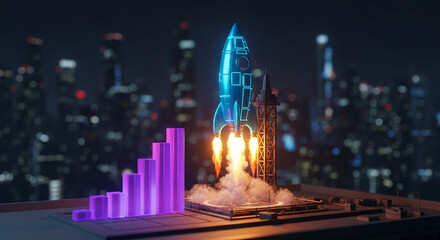 Blue rocket launching with flame and smoke, near bar graph. Represents a successful business, growth, achievement, and progress against city background