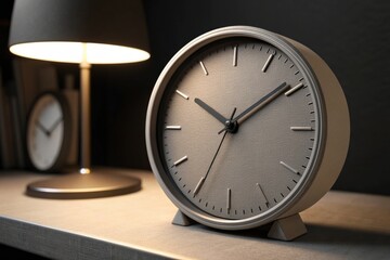 A metal analog alarm clock displaying a late night hour on a surface near a softly lit lamp