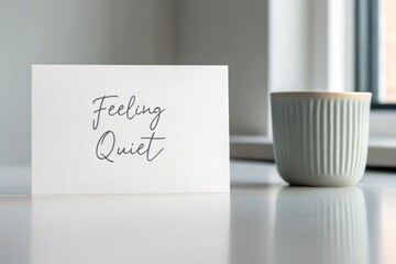 A white card with "Feeling Quiet" in elegant script beside a ribbed ceramic mug on a reflective surface