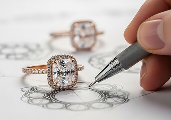 Luxurious rose gold engagement ring macro, diamond halo on design sketches, perfect for fine jewelry advertising, custom design services, and high-end retail concepts