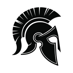 A striking black and white illustration of a classic spartan helmet design