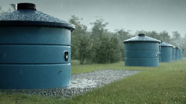 Medium shot of rainwater harvesting storage tanks capturing runoff water during rainfall at a marina highlighting ecofriendly water collection for sustainable use.