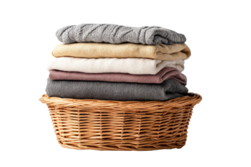 Stack of folded clothes in a woven basket placed on a plain background with soft lighting