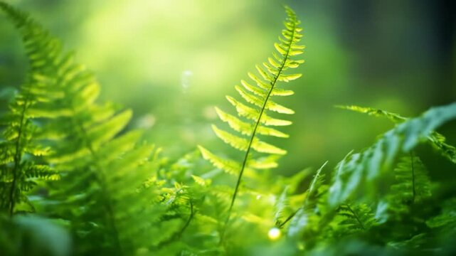 Close up of vibrant green fern leaves with soft sunlight background