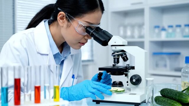   Focused young female scientist wearing safety goggles and blue gloves diligently examining cucumber slices under a modern laboratory microscope during rese