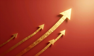 warm golden light illuminates vibrant red background delicate gold arrows ascend diagonally upwards symbolizing upward momentum
