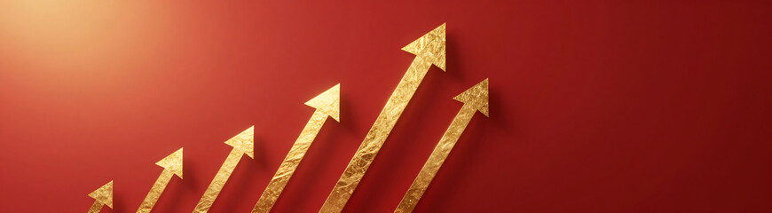 warm golden light illuminates vibrant red background delicate gold arrows ascend diagonally upwards symbolizing upward momentum