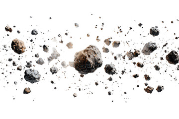Rocks and dust scattered in motion during a cosmic explosion in space