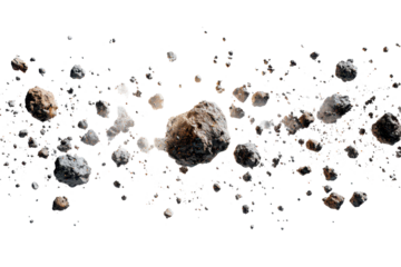 Rocks and dust scattered in motion during a cosmic explosion in space