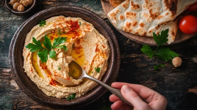 Close up view of delicious hummus in a bowl with fresh vegetables and bread