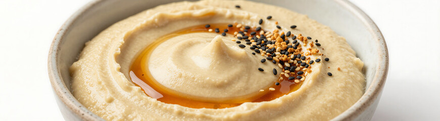 warm golden light illuminates simple white background rustic speckled bowl filled creamy tahini drizzled dark amber