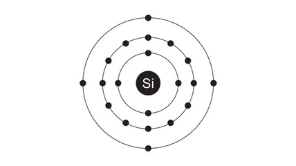 Minimal vector diagram of a silicon atom showing central Si nucleus and concentric electron shells with spaced orbiting dots in black and white