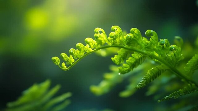 Close up of vibrant green fern leaves with sunlight and soft focus