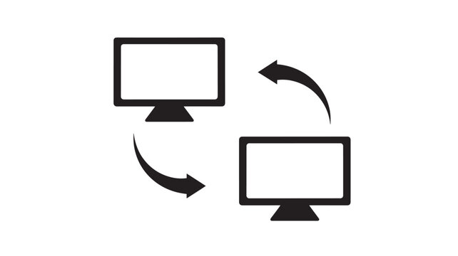 Flat black vector icon of two desktop monitors connected by curved arrows, symbolizing data transfer and screen sharing in a minimalist design