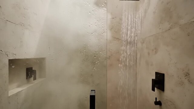 A contemporary shower stall features textured walls dark fixtures and a clear glass partition with water streaming down and steam accumulating inside the enclosure