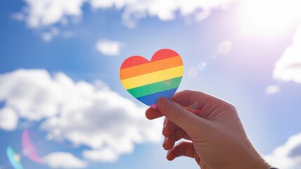 Hand holding rainbow heart symbol under sunny blue sky with clouds