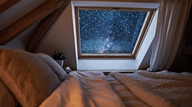 A cozy attic bedroom displays a bed with pillows blankets and a skylight window viewing a starry night sky with visible wooden ceiling beams